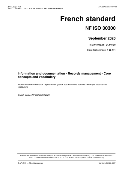 NF X50-441-2020  Information and documentation - Records management - Core concepts and vocabulary