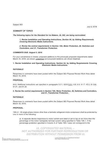 UL 563 BULLETIN/3-2018  UL Standard For Safety Ice Makers (Comments Due: August 5, 2018)