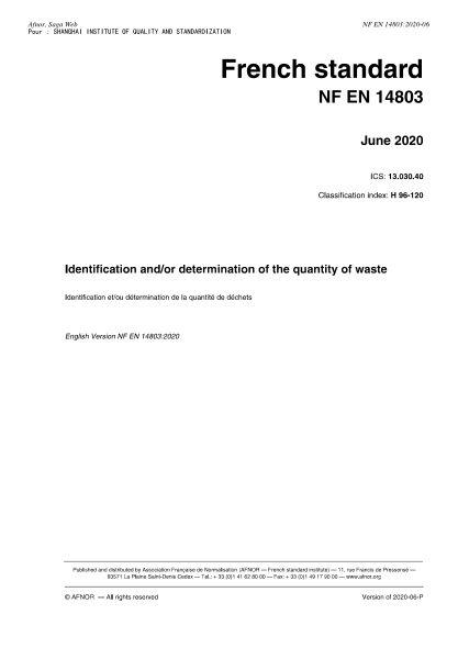 NF H96-120-2020  Identification and/or determination of the quantity of waste