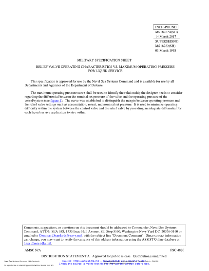NAVY MS18282 REV A-2017  Relief Valve Operating Characteristics Vs.Maximum Operating Pressure For Liquid Service