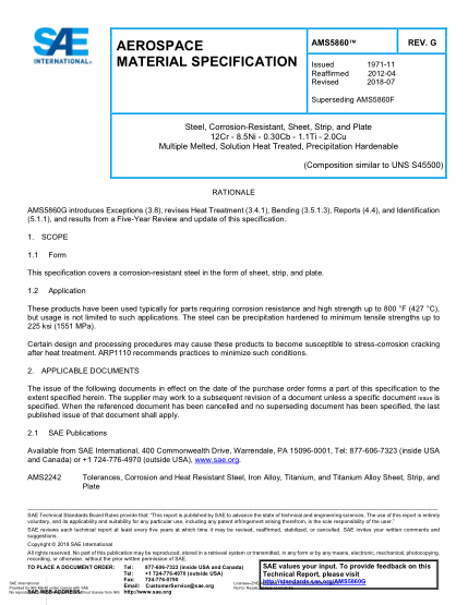 SAE AMS5860G-2018  Steel, Corrosion-Resistant, Sheet, Strip, And Plate 12Cr - 8.5Ni - 0.30Cb - 1.1Ti - 2.0Cu Multiple Melted, Solution Heat Treated, Precipitation Hardenable (Uns S45500)