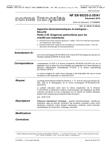 NF C73-835/A1-2019  Household and similar electrical appliances - Safety - Part 2-35 : particular requirements for instantaneous water heaters