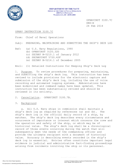 NIDS OPNAV 3100.7C-2014  (Dns-H) Preparing,Maintaining And Submitting The Ship鈥橲 Deck Log