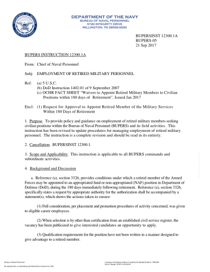 NIDS BUPERS 12300.1A-2017  (Bupers-05) Employment Of Retired Military Personnel