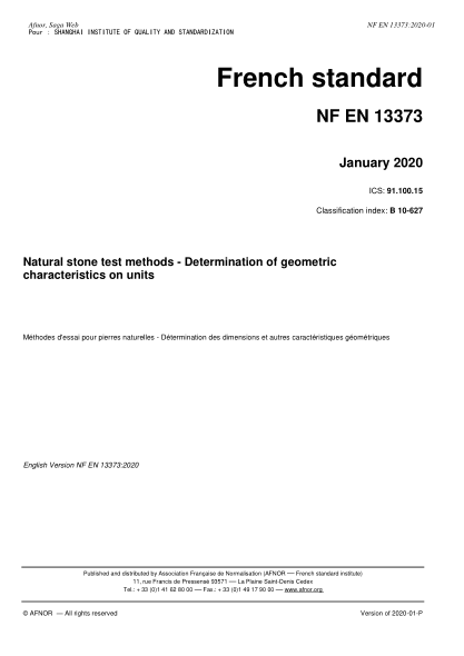 NF EN 13373-2020  Natural stone test methods - Determination of geometric characteristics on units