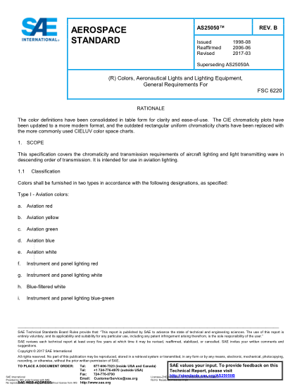 SAE AS25050B-2017  (R) Colors,Aeronautical Lights And Lighting Equipment,General Requirements For