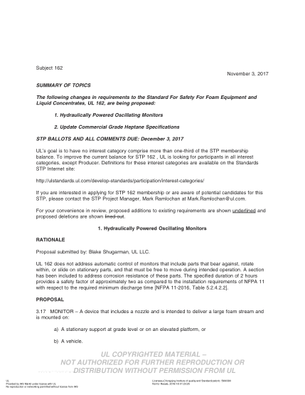 UL 162 BULLETIN/2-2017  UL Standard For Safety Foam Equipment And Liquid Concentrates (Comments Due: December 3, 2017)
