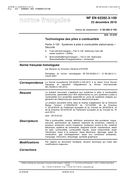NF C56-282-3-100-2016   Fuel cell technologies - Part 3-100- stationary fuel cell power systems - Safety