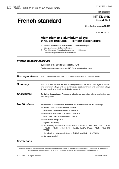 NF A02-150-2017   Aluminium and aluminium alloys-Wrought products-Temper designations