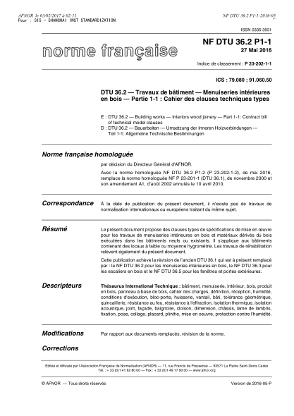 NF DTU 36.2 P1-1-2016   DTU 36.2 - Building works - Interiors wood joinery - Part 1-1 - contract bill of technical model clauses
