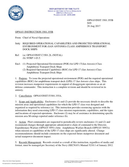 NIDS OPNAV 3501.355B-2017  (N95) Required Operational Capabilities And Projected Operational Environment For (San Antonio) Class Amphibious Transport Dock Ships