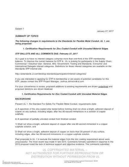 UL 1 BULLETIN-2017   UL Standard for Safety Flexible Metal Conduit (COMMENTS DUE: February 27, 2017)