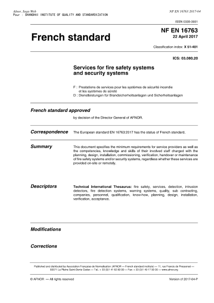 NF EN 16763-2017   Services for fire safety systems and security systems