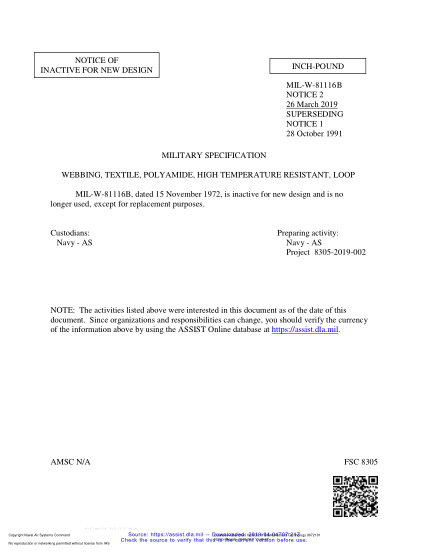 NAVY MIL-W-81116B NOTICE 2-2019  Webbing, Textile, Polyamide, High Temperature Resistant, Loop