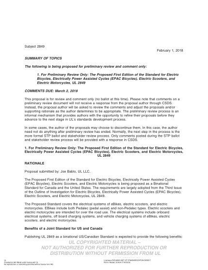 UL 2849 BULLETIN-2018  Ul Outline Of Investigation For Cycles – Electrically Power Assisted Cycles – Epac Bicycles (Comments Due: March 2, 2018)