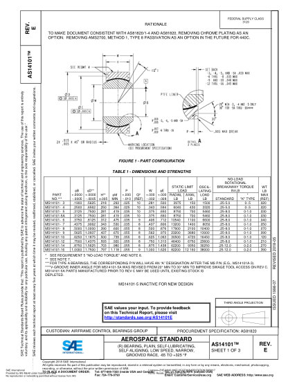 SAE AS14101E-2018  (R) Bearing,Plain,Self-Lubricating,Self-Aligning,Low Speed,Narrow,Grooved Race,-65 To +325°F