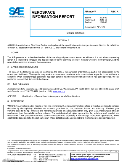 SAE AIR4129A-2019  Metallic Whiskers