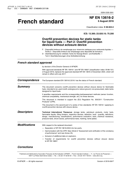 NF EN 13616-2-2016   Overfill prevention devices for static tanks for liquid fuels - Part 2 - overfill prevention devices without a closure device