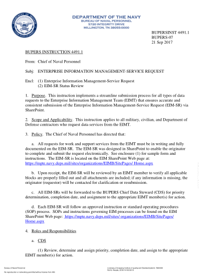 NIDS BUPERS 4491.1-2017  (Bupers-07) Enterprise Information Management-Service Request