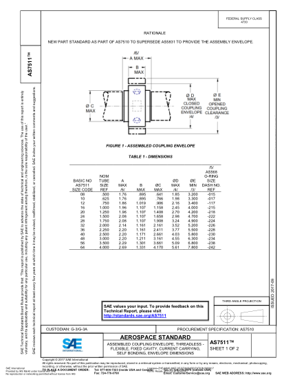 SAE AS7511-2017  Assembled Coupling Envelope,Threadless - Flexible,Fixed Cavity,Current Carrying,Self Bonding,Envelope Dimensions