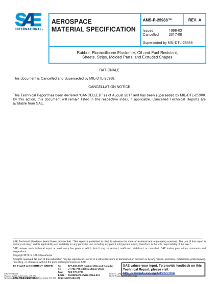 SAE AMS-R-25988A-2017   Rubber,Fluorosilicone Elastomer,Oil-And-Fuel-Resistant,Sheets,Strips,Molded Parts,And Extruded Shapes