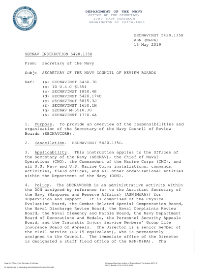 NIDS SECNAV 5420.135H-2019  (Asn (M&Ra)) Secretary Of The Navy Council Of Review Boards