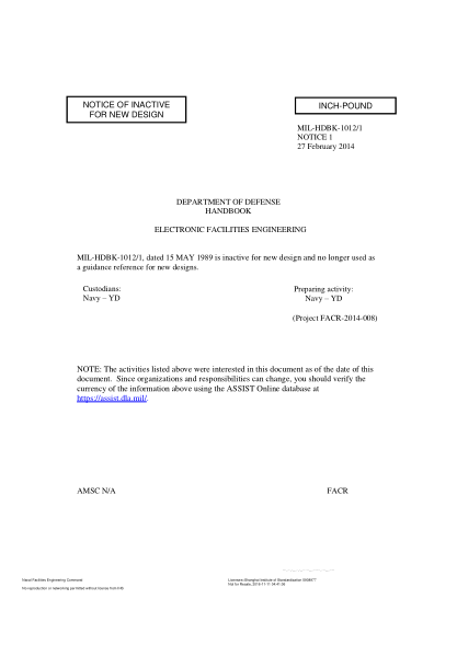 NAVY MIL-HDBK-1012/1 NOTICE 1-2014  ELECTRONIC FACILITIES ENGINEERING