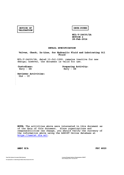 NAVY MIL-V-24630/2A VALID NOTICE 2-2014  Valves,Check,In-Line,For Hydraulic Fluid And Lubricating Oil Fluid