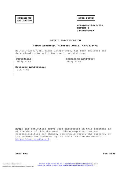 NAVY MIL-DTL-22442/29B VALID NOTICE 3-2019  Cable Assembly, Aircraft Audio, Cx-13154/A
