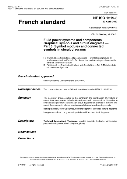 NF E04-056-3-2017   Fluid power systems and components-Graphical symbols and circuit diagrams-Part 3-symbol modules and connected symbols in circuit diagrams