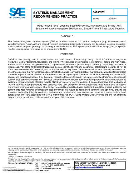 SAE 6857-2018  Requirements For A Terrestrial Based Positioning,Navigation,And Timing (Pnt) System To Improve Navigation Solutions And Ensure Critical Infrastructure Security