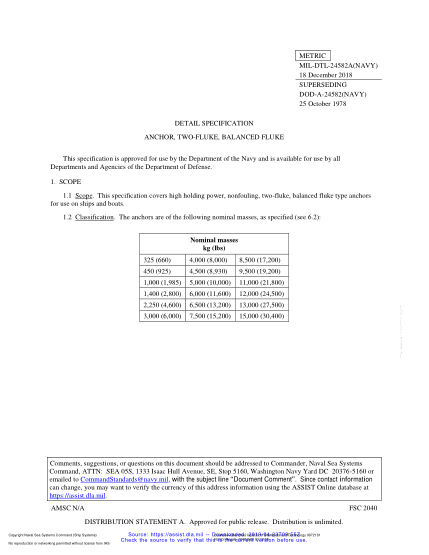 NAVY MIL-DTL-24582A-2018  Anchor, Two-Fluke, Balanced Fluke