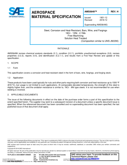 SAE AMS5649H-2018  Steel, Corrosion And Heat-Resistant, Bars, Wire, And Forgings 18Cr - 13Ni - 2.1Mo Free Machining Solution Heat Treated (Uns J92200)