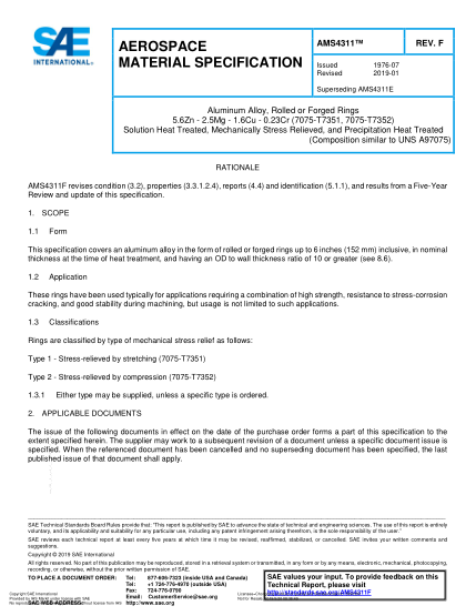 SAE AMS4311F-2019  Aluminum Alloy, Rolled Or Forged Rings 5.6Zn - 2.5Mg - 1.6Cu - 0.23Cr (7075-T7351, 7075-T7352) Solution Heat Treated, Mechanically Stress Relieved, And Precipitation Heat Treated (Uns A97075)
