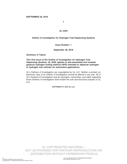 UL SUBJECT 2249-2018  Outline Of Investigation For Hydrogen Fuel Dispensing Systems (Issue 1)