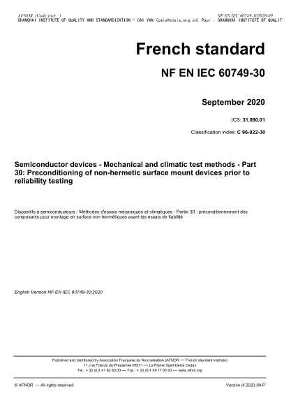 NF C96-022-30-2020  Semiconductor devices - Mechanical and climatic test methods - Part 30 : preconditioning of non-hermetic surface mount devices prior to reliability testing