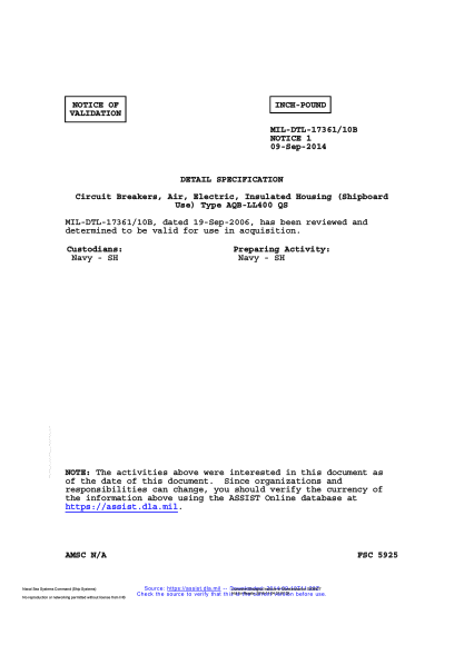 NAVY MIL-DTL-17361/10B VALID NOTICE 1-2014  Circuit Breakers,Air,Electric,Insulated Housing (Shipboard Use) Type Aqb-Ll400 Qs