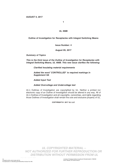 UL SUBJECT 498B-2017   UL Outline of Investigation for Receptacles with Integral Switching Means (Issue 4)