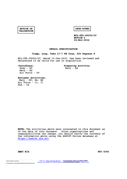 NAVY MIL-DTL-85052/3C VALID NOTICE 2-2014  Clamp,Loop,Tube 17-7 Ph Cres,500 Degrees F