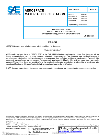 SAE AMS4266B-2017  Aluminum Alloy,Sheet 6.5Fe - 1.3Si - 0.60V (8022-H112) Powder Metallurgy Product,Strain Hardened (Uns 98022)