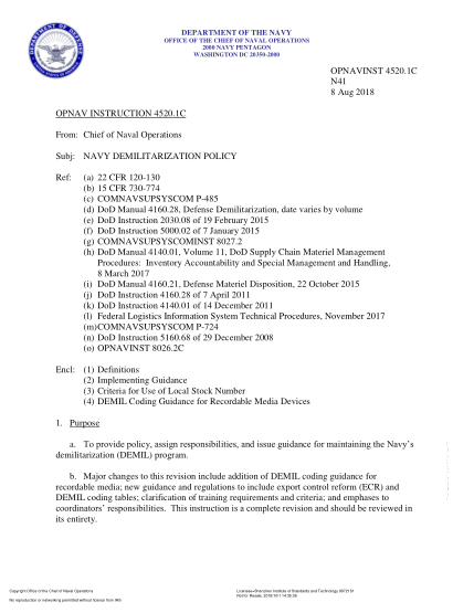 NIDS OPNAV 4520.1C-2018  (N41) Navy Demilitarization Policy
