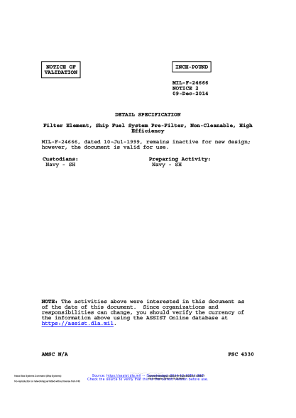 NAVY MIL-F-24666 VALID NOTICE 2-2014  Filter Element, Ship Fuel System Pre-Filter, Non-Cleanable, High Efficiency