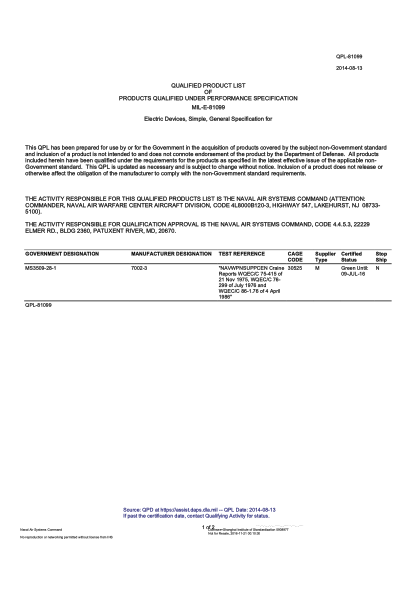 NAVY QPL-81099-2014  Electric Devices, Simple, General Specification For