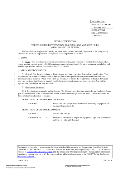 NAVY MIL-DTL-23953D-2014  Valves,Combined Vent-Check,For Submarine Mbt Blow Lines (Sizes 2.00 And 2.50 Inches)