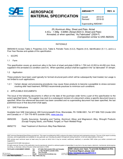 SAE AMS4461A-2018  (R) Aluminum Alloy,Sheet And Plate,Alclad 4.4Cu - 1.5Mg - 0.60Mn (Alclad 2024-O,Sheet And Plate) Annealed;Or When Specified,“As Fabricated” (2024-F) (Uns A82024)