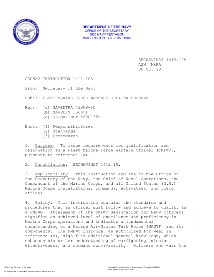 NIDS SECNAV 1412.10A-2018  (Asn (M&Ra)) Fleet Marine Force Warfare Officer Program