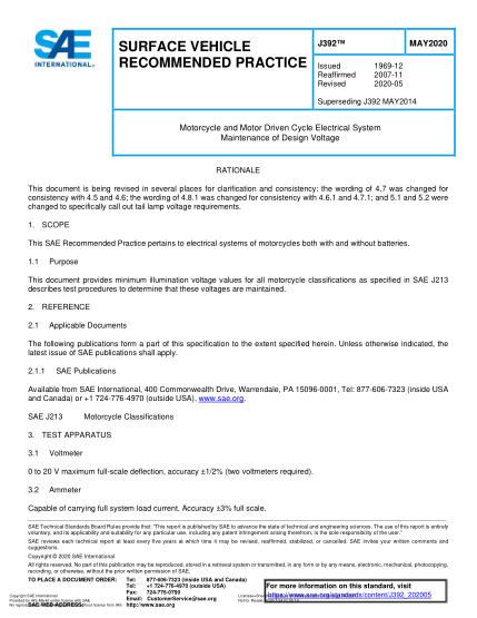 SAE J392-2020  Motorcycle And Motor Driven Cycle Electrical System Maintenance Of Design Voltage