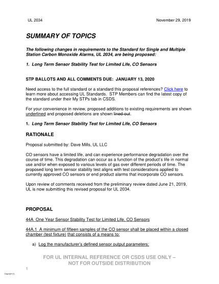 UL 2034 BULLETIN-2019  UL Standard For Safety Single And Multiple Station Carbon Monoxide Alarms (Comments Due: January 13, 2020)