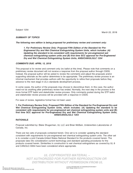 UL 1254 BULLETIN-2018  UL Standard For Safety Pre-Engineered Dry Chemical Extinguishing System Units (Comments Due: April 12, 2018)