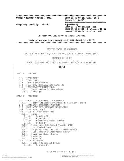 NAVY UFGS-23 65 00-2016   Cooling Towers And Remote Evaporatively-Cooled Condensers (Incorporating Change 2: 8/1/2018)